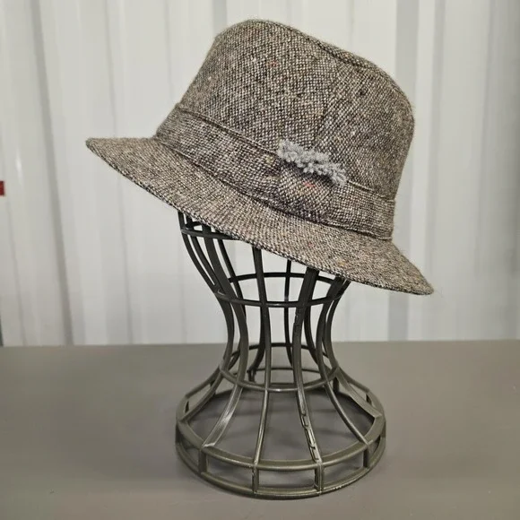 VTG Hanna Hats Hat‎ Cloche Fitted Unisex SZ S Brown Wool Tweed Donegal Ireland